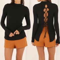 Sexy Black Crossing Straps Back Long Sleeve Knitted Top