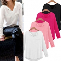 Sweet V-neck Solid Color Long Sleeve Woman T-shirt