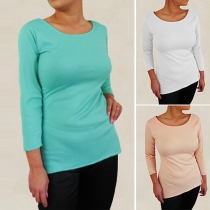 Round Collar 3/4 Sleeve Button Back Slim Fit T-shirt