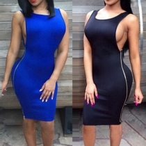 Sexy Backless Sleeveless Round Neck Solid Color Bodycon Dress