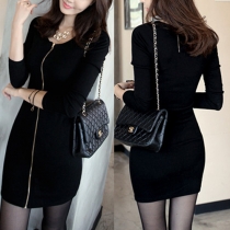 Fashion Solid Color Long Sleeve Round Neck Slim Fit Zipper Knit Dress