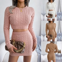 Fashion Solid Color Long Sleeve Tops + High Waist Bust Skirt Knit Set