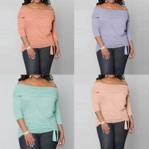 Sexy Slash Neck Long Sleeve Solid Color Oversized T-shirt