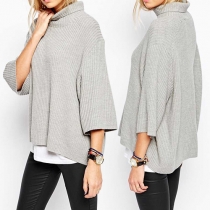 Fashion Solid Color 3/4 Sleeve Turtleneck Knit Sweater