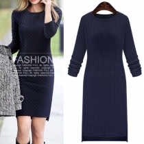 Fashion Solid Color Long Sleeve Round Neck High-low Hem Slim Fit Knit Dress