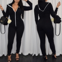 Fashion Solid Color Long Sleeve Hooded Slim Fit Jumpsuits