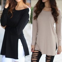 Sexy Hollow Out Lace Spliced Slit Hem Long Sleeve T-shirt