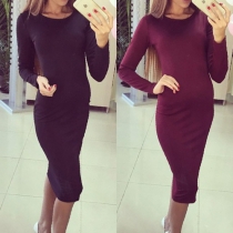 Fashion Solid Color Long Sleeve Round Neck Sheath Dress