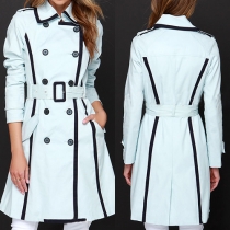 OL Style Long Sleeve Double-breasted Trench Coat with Waist Strap