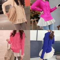 Fashion Gauze Spliced Hem Long Sleeve Round Neck Sweater
