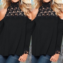 Sexy Off-shoulder Lace Spliced Turtleneck Long Sleeve Tops
