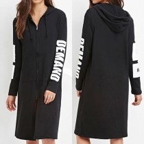 Fashion Letters Printed Long Sleeve Hooded Loose Sweatshirt Dress