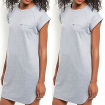 Fashion Solid Color Short Sleeve Round Neck Shift Dress