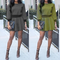 Fashion Solid Color Long Sleeve Round Neck Tops + High Waist Skirt Set