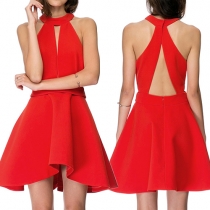 Sexy Backless Off-shoulder High Waist Solid Color A-line Dress
