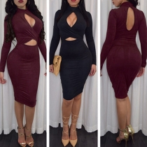 Sexy Backless Hollow Out High Waist Long Sleeve Bodycon Dress