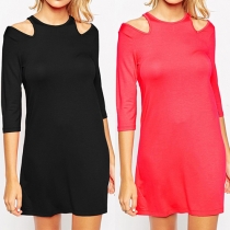 Simple Hollow Out 3/4 Sleeve OL Slim Fit Dress