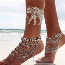 Retro Silver-tone Hand-beaded Multilayer Tassel Ankle Chain