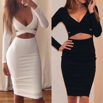 Sexy Crossover Deep V-neck Hollow Out High Waist Long Sleeve Bodycon Dress