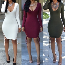 Sexy Deep V-neck Long Sleeve Lace-up Hem Solid Color Bodycon Dress