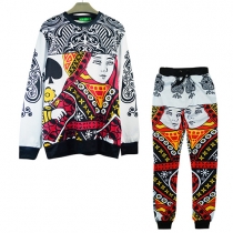 Fashion Playing Cards Printed Long Sleeve Round Neck Sports Suit