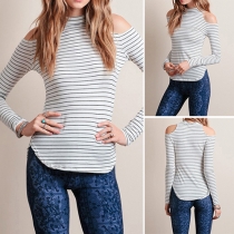 Sexy Off-shoulder Long Sleeve All-match Striped T-shirt