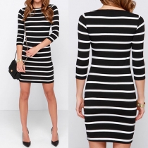 Fashion 3/4 Sleeve Round Neck Slim Fit Striped Dress
