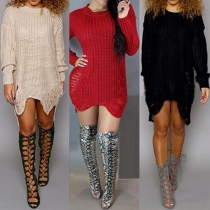 Fashion Solid Color Long Sleeve High-low Hem Sweater Dress