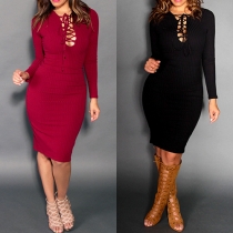 Sexy Lace-up Deep V-neck Long Sleeve Solid Color Bodycon Dress