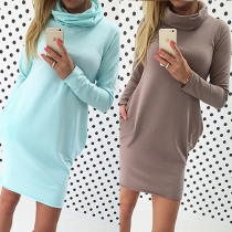 Fashion Solid Color Long Sleeve Turtleneck Dress