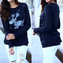 Fashion Long Sleeve Round Neck Fawn Printed T-shirt