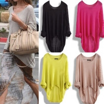 Fashion Solid Color Dolman Sleeve High-low Hem Hollow Out Knit Smock