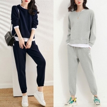 Fashion Solid Color Long Sleeve Round Neck Casual Sports Suit