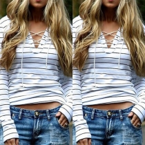 Fashion Long Sleeve Lace-up V-neck Striped Tops