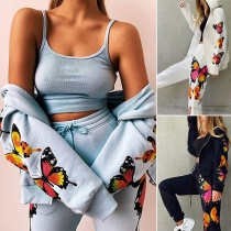 Fashion Printed Spliced Long Sleeve Round Neck Sports Suit