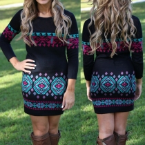 Fashion Long Sleeve Round Neck Slim Fit Printed Dress