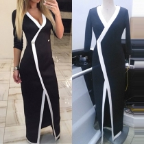 Sexy Deep V-neck Slit Hem 3/4 Sleeve Maxi Dress