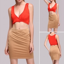 Sexy Deep V-neck Sleeveless Crop Tops + High Waist Bust Skirt Two-piece Set
