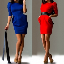 Fashion Solid Color Half Sleeve Round Neck Slim Fit Dress