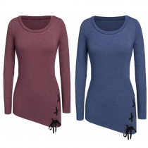 Fashion Solid Color Long Sleeve Round Neck Irregular Lace-up Hem Top