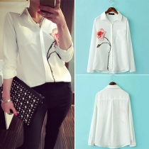Fashion Rose Printed Long Sleeve POLO Collar Chiffon Shirt