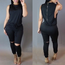 Fashion Solid Color Sleeveless Round Neck Gathered Waist Ripped Jumpsuits