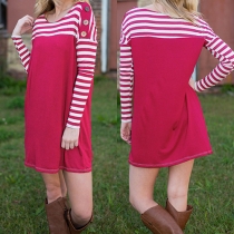 Fashion Long Sleeve Round Neck Striped Spliced Loose Dress