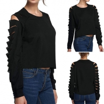Fashion Solid Color Ripped Long Sleeve Round Neck T-shirt