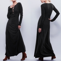Sexy Lace-up Deep V-neck Long Sleeve Solid Color Maxi Dress