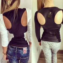 Sexy Backless PU Leather Spliced Long Sleeve Round Neck T-shirt
