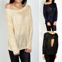 Sexy Backless Bowknot Long Sleeve Round Neck Sequin Knit Tops