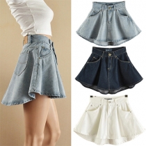 Fashion High Waist High-low Hem Denim A-line Skirt