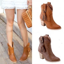 Fashion Pointed Toe Thick Heel Tassel Booties