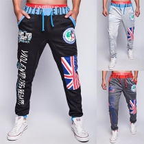 Fashion Contrast Color Elastic Waist Men's Printed Sports Pants
